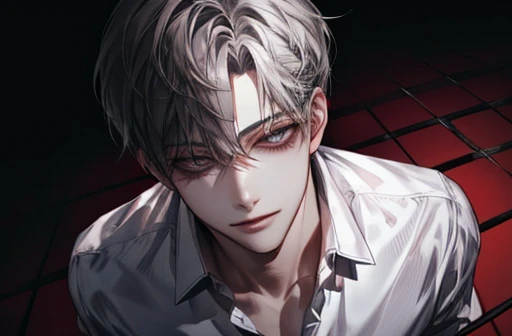 {male}、、{ high image quality}、 Accurate Description 、 handsome、{ dark eyes}、Twisted Smile、 shirt 、{一人のmale}、青い shirt 、鎖を手にもつ、Casual wear、 above her upper body 、In a dark room