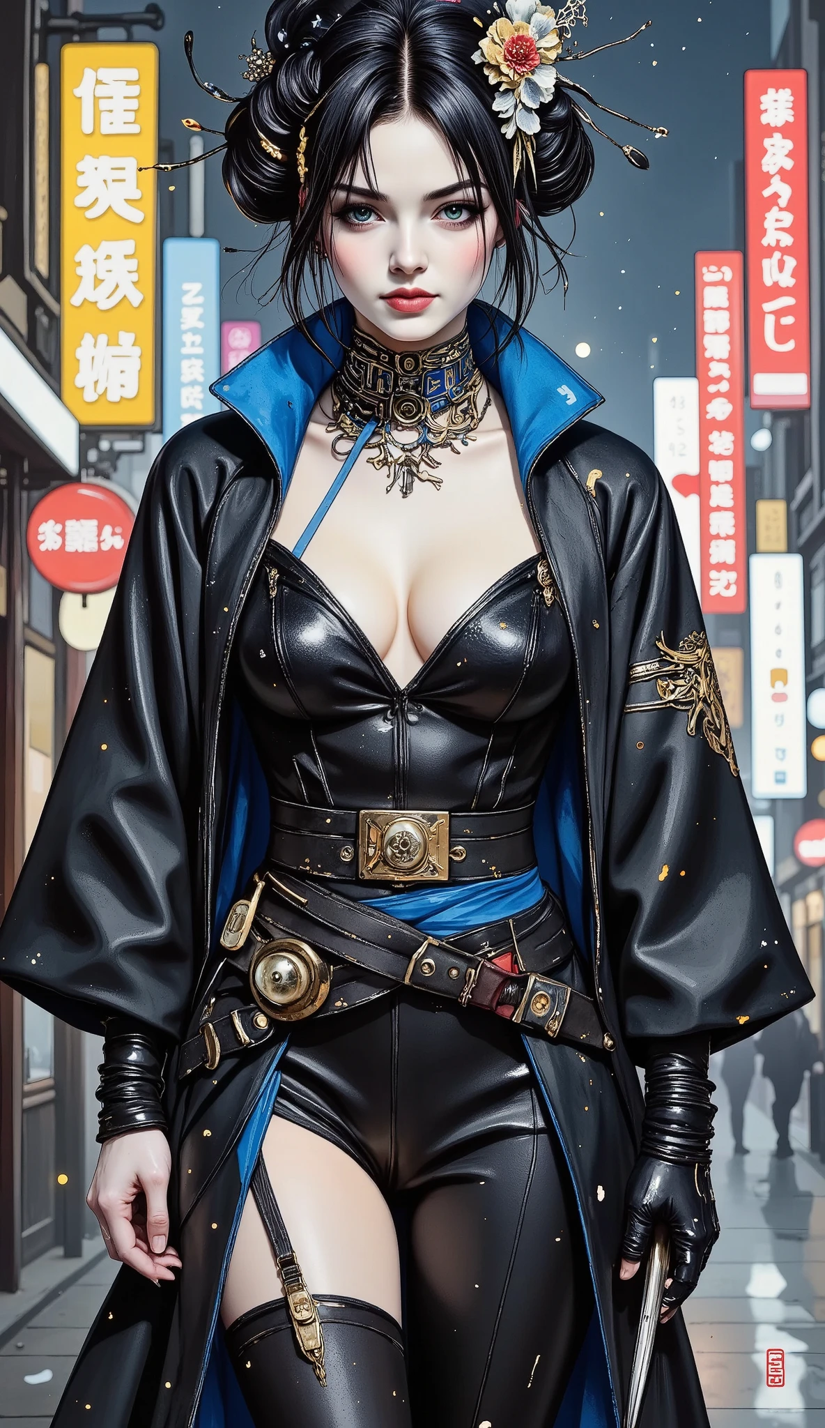 plano general,  Full body , Anatómicamente correcto,  Ghost in the Shell Vol .2 - Assassin Geisha's blue and black shading ,  by Luis Duarte ,  Luis Duarte style ,  shaded blue and black ,  Neo-Tokyo style ,  Element Air , Punk Myth , ,  Sci-Fi art,  Dark Influence ,  NijiExpress 3D v3 , kinetic art,  Data Detection ,  oil painting , Ink v3,  speckled style ,  card game abstract art,  abstract technology , Elements of Cyber Technology, futuristic,  Illustrated v3 ,  Deco Influence , airbrush style, drawing