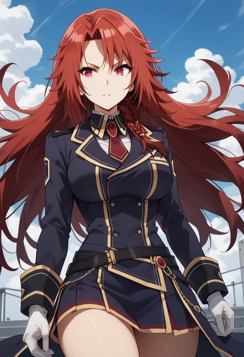 solo,iris midgar, long hair, red eyes, braid, red hair, skirt, gloves, long sleeves, jacket, necktie, white gloves, uniform, military, military uniform,big breast,wide hips,narrow waist
