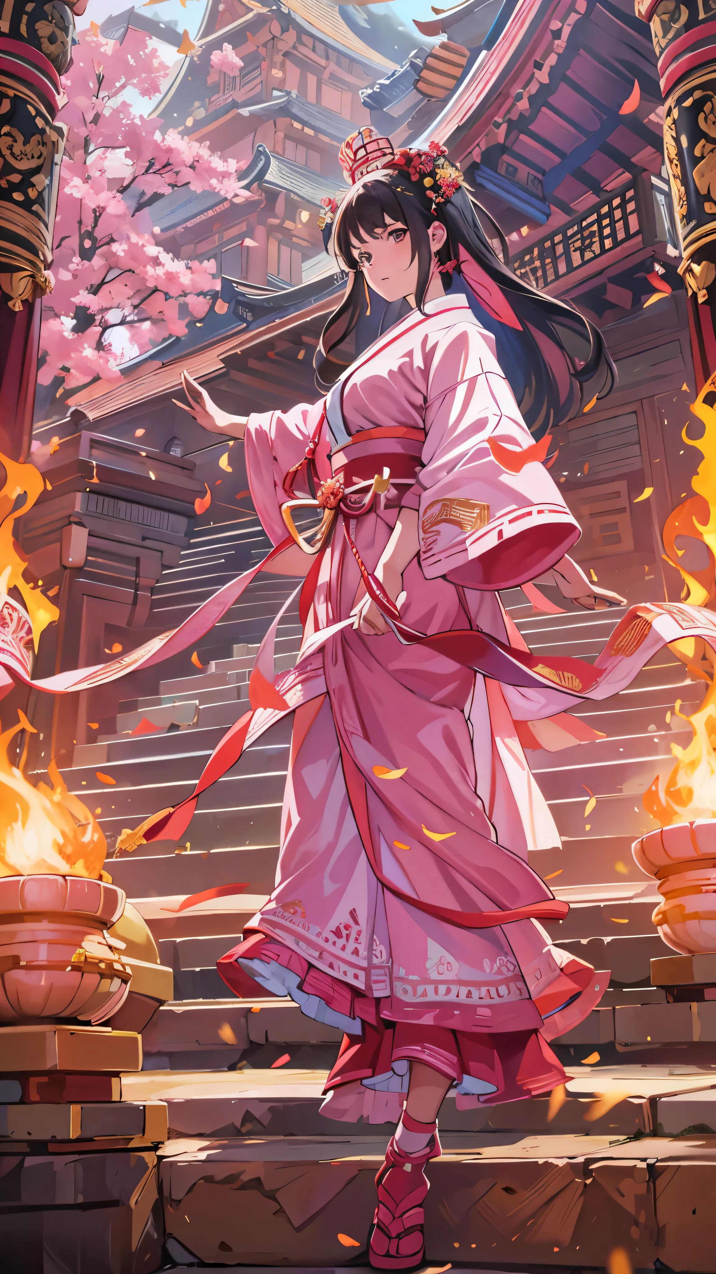  in high-definition images，high frequency: 1.8, Rich details, masterpiece, 8k,  A beautiful shrine maiden wearing a pink shirt is standing in front of the flames, Dancing, Fans waving, Priestesses ,   burning ,  