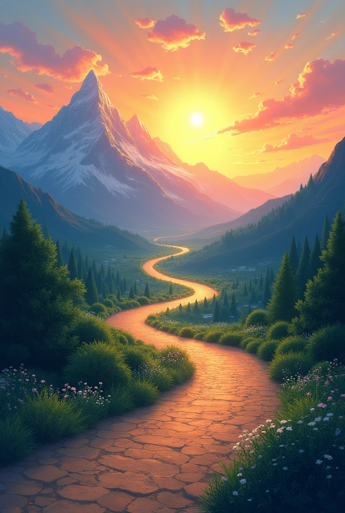 A path leading to a mountain with a bright sun on the horizon - SeaArt AI