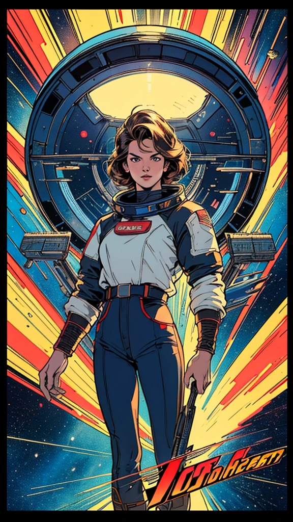 (((Top Quality Masterpiece ))),(((solo:1.2))),((( 1 woman :1.2))), 32K Highly Detailed Wallpaper , Retro Vintage Style ,(dynamic Angles),(((Overwhelming highlights))),((most complex machine)), American comics with a very flashy color scheme,80s space thriller movie poster ,70s movie poster,Detailed space station