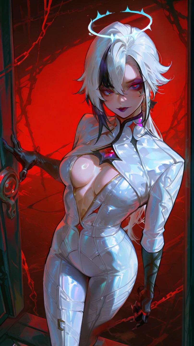 masterpiece, best quality, amazing quality, very aesthetic, absurdres,  high contrast color, high gamut,glare of light,newest,2.5D,volumetric lighting,

(View from Above,) Dutch angle,

 1girl, medium breasts, stands ,glowing eyes,abs,muscles, athletic body, shiny skin, full white skinny leather suit,white glowing halo, white  stockings, stands , looks at the viewer, sinister smile, blush,dark forest,dark scary trees in the background,red background,

arlecchino genshin impact, white hair, multicoloured hair,
,dark purple lips, dark makeup,good makeup, beautiful makeup,(black hands 5fingers and forearms with claws:1.1)usnr,748cmstyle,fft_style