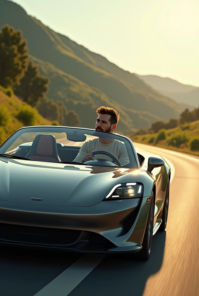 Modern stylish expensive car moving on a road in green land and sky covered by dark clouds video with ligh drizzling and doors of car are opened and boy head is out of car from upper side not from doors