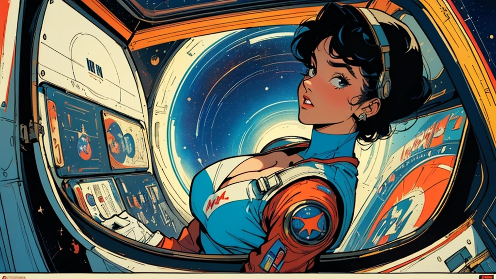 ((( Masterpiece , top quality ))),(((Alone:1.2))),((( 1 girl:1.2))),((( retro vintage style ))),((Abstract)),((( space thriller movie poster)))),((( American Comics ))),(((( mid-century modern)))),(Cleavage),