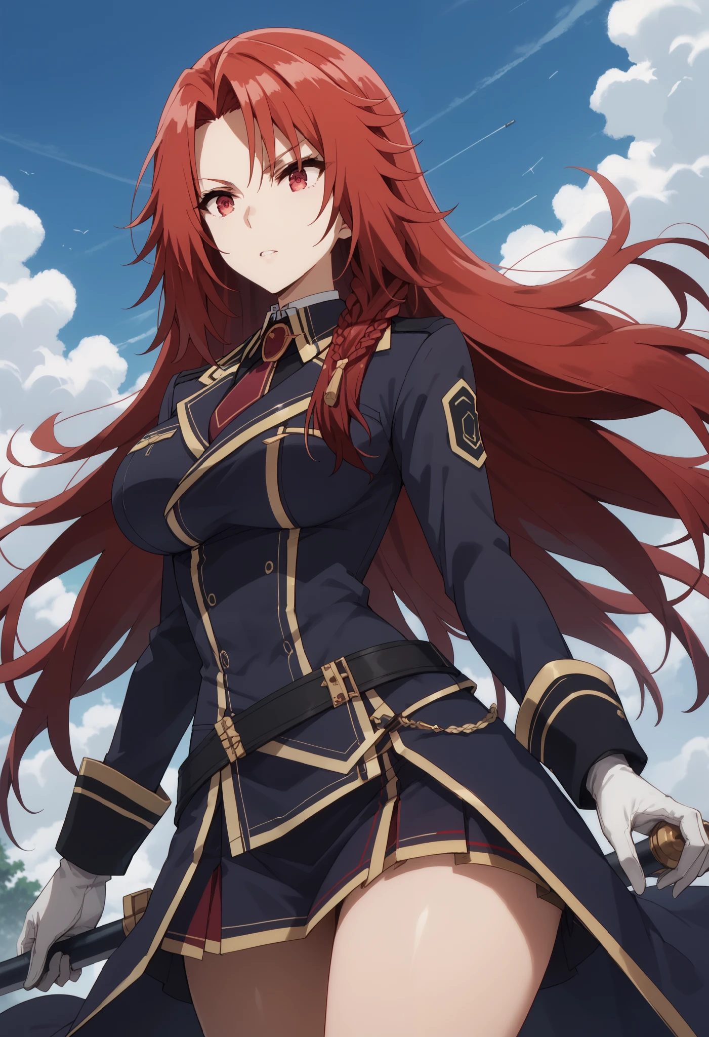 solo,iris midgar, long hair, red eyes, braid, red hair, skirt, gloves, long sleeves, jacket, necktie, white gloves, uniform, military, military uniform,big breast,wide hips,narrow waist
