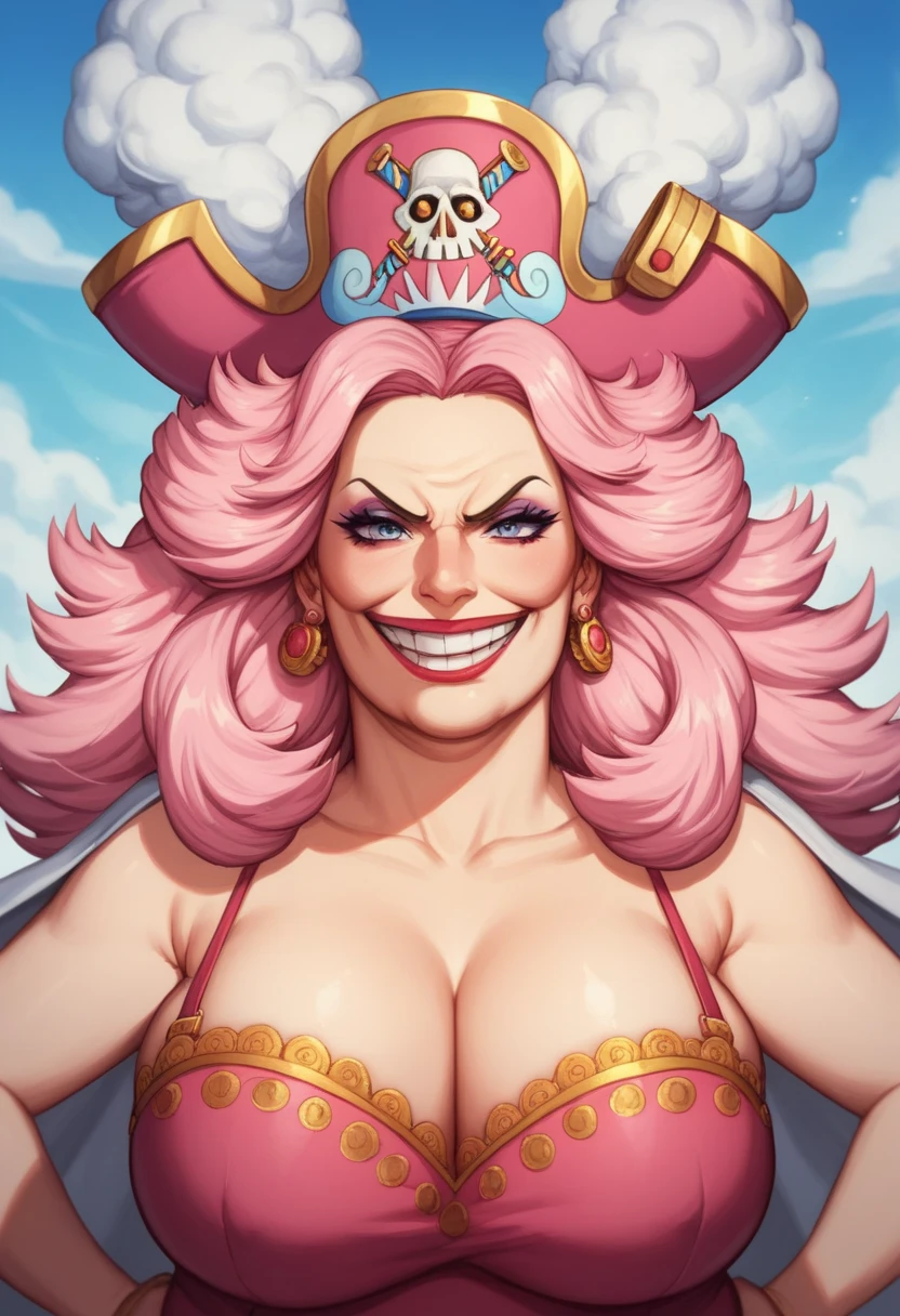 Create an image of a towering and powerful pirate queen with an aura of dominance and chaos. She has wild, flowing pastel-colored pink hair and a wide, menacing grin. Her outfit is flamboyant, featuring a vibrant dress with candy-themed patterns and gold accessories. Her presence is intimidating yet regal, with a massive pirate hat decorated with skull motifs and sweets. The setting is a fantastical candy-themed island under a stormy sky, with giant desserts and swirling clouds in the background. Her expression combines playful mischief with raw authority, and she holds a massive, enchanted sword crackling with energy. Big Mom of One Piece, fat woman