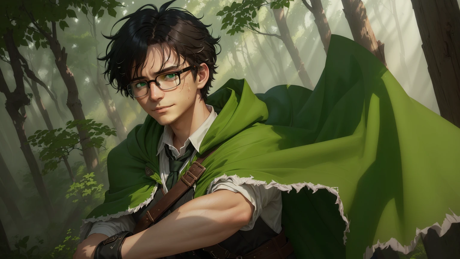 Boy、short hair、dark gloves、brown shorts、big round glasses、adventurer、teenager、、、head down、langry、smile、despondency、betrayal、chill、hurt、make up for、forgive、rounded glasses、green cape、full body、brown coat、white shirt、green tie、brown shorts、black boots、dynamic pose、1 person、splash art、exterior background、natural lighting、moody atmosphere、forest environment、realistic proportions、messy hair、subtle tear streaks、soft facial shadows、slightly flushed cheeks、visible emotion、conflicted expression、like features、fine texture on clothing、movement in the cape、dusty boots、intricate detailing on fabric、slight wind effect、focused composition、rich color depth、high contrast shading、detailed foliage backdrop、emotive storytelling pose、immersive perspective、slight tilt in head、downtrodden gaze、small hands、ish innocence. green cape, rich dark green fabric, slightly worn with frayed edges, tattered in places, flowing dramatically in the wind, draped over the shoulders, deep green shade, natural folds and creases, subtle light reflecting off the fabric, heavily textured fabric with slight distressed marks, slightly faded in some areas, vibrant green base color, shading near the edges, green hue consistent with natural lighting, creases showing movement, worn and weathered look, shadowing under the cape for added depth, natural fabric texture visible, ruffled and loose in motion, green tones blending with atmospheric lighting. Soft but determined eyes, slightly glassy with visible tear streaks that reflect ambient light.