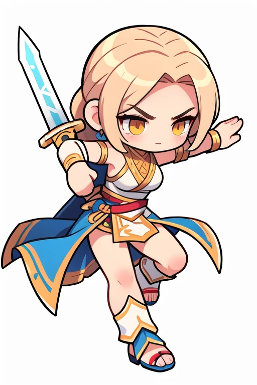 ((white background)), full body, A female warrior wields a sword , Greek female warrior,  Hero landing moves with a sword, Battle Sword . Aggressive posture, chibi,
