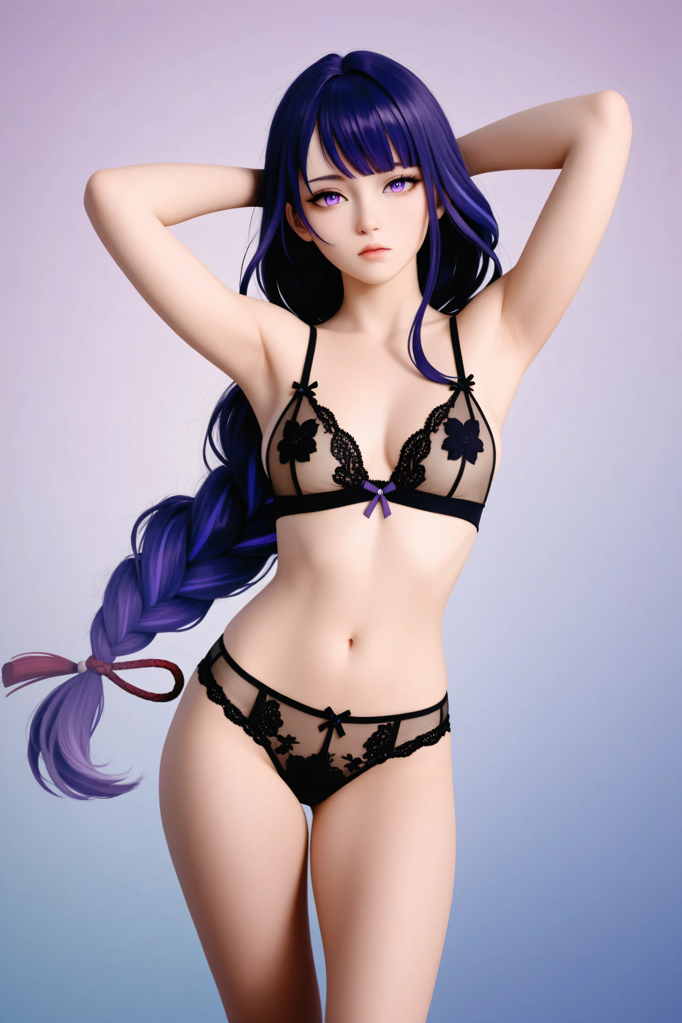((keqing from genshin impact)), long purple hair, big purple eyes, light blue metallic bikini, pinup style, sexy, submissive, minimalist, ((pov)), ((realistic)), ((licking lips)), minimalist, lonely, monochromatic color palette, soft lighting, ((submissive)), perfect tits, thin, ((solid black background)), ((looking at viewer)),