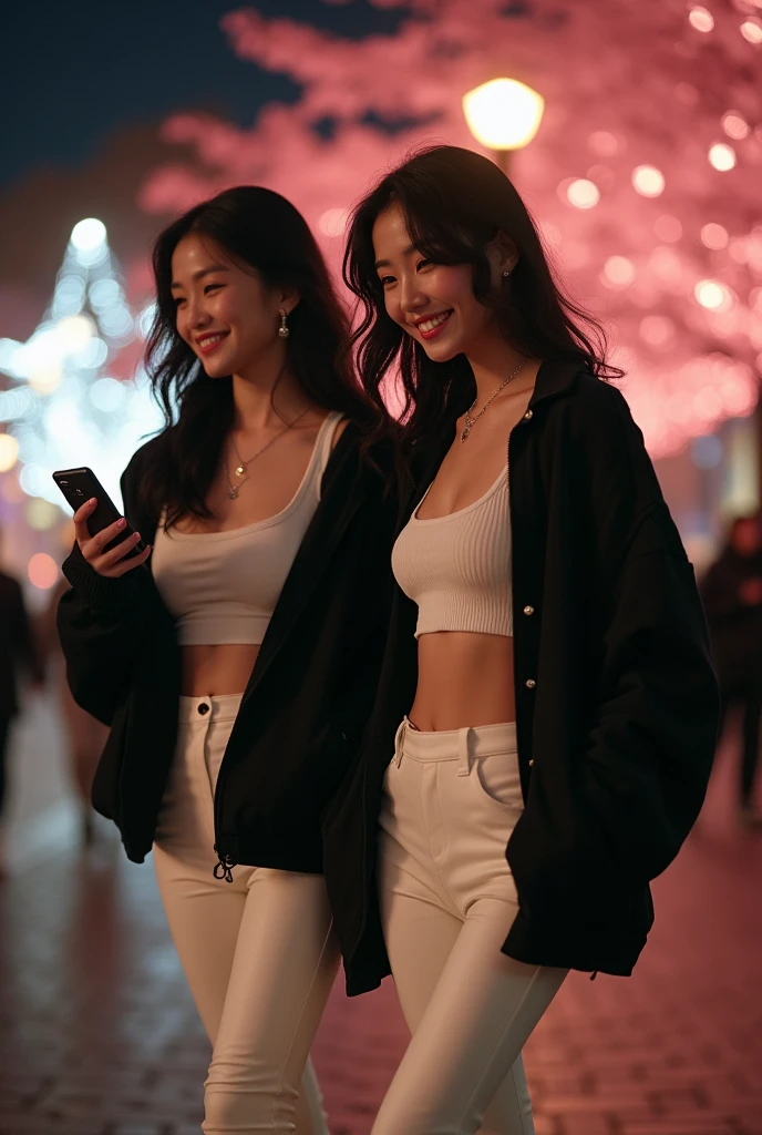 5 Beautiful young Thai women with blond hair and a bodybuilder physique wearing white top in a busy street at night, taking selfie