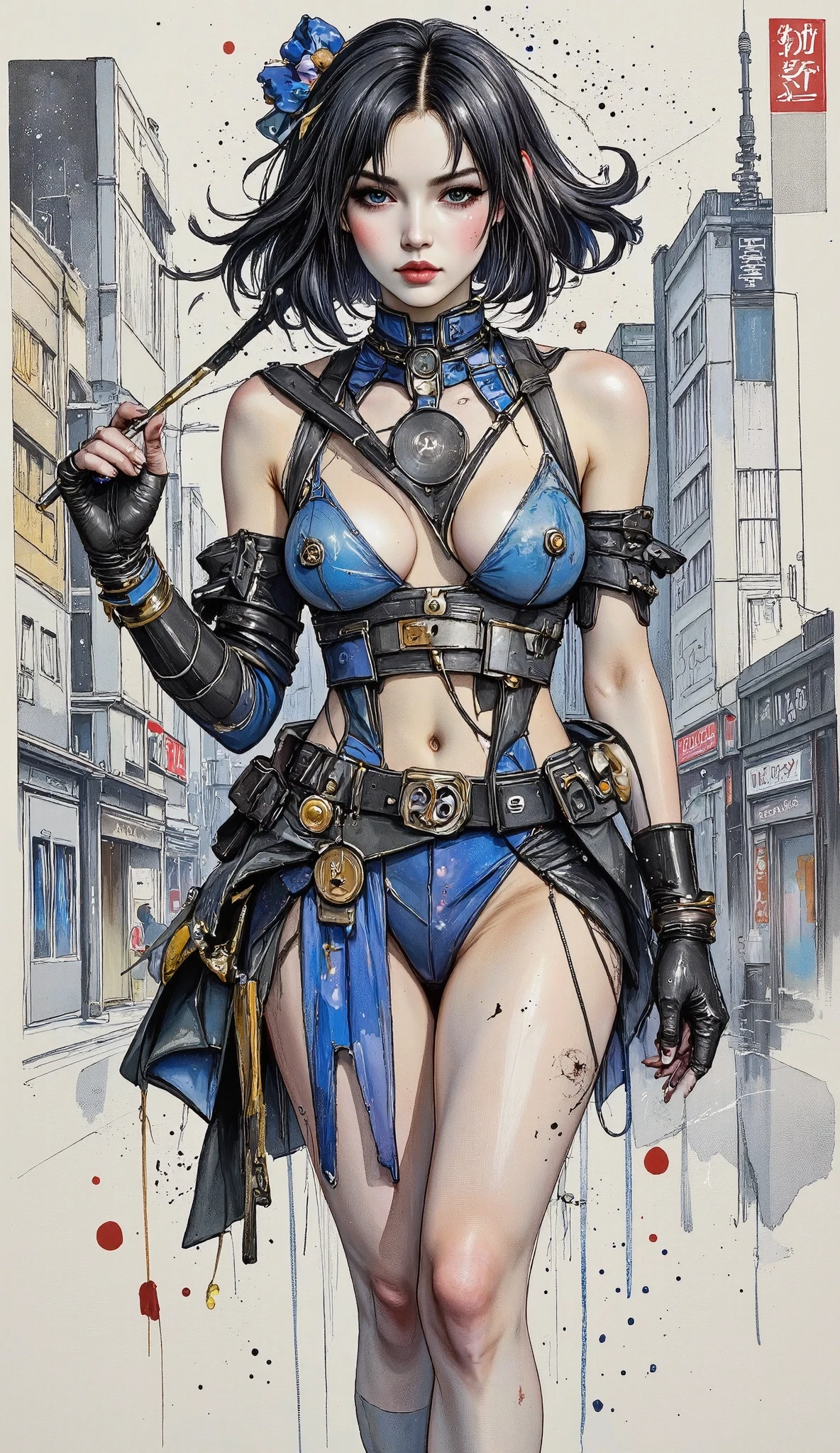 plano general,  Full body , Anatómicamente correcto,  Ghost in the Shell Vol .2 - Assassin Geisha's blue and black shading ,  by Luis Duarte ,  Luis Duarte style ,  shaded blue and black ,  Neo-Tokyo style ,  Element Air , Punk Myth , ,  Sci-Fi art,  Dark Influence ,  NijiExpress 3D v3 , kinetic art,  Data Detection ,  oil painting , Ink v3,  speckled style ,  card game abstract art,  abstract technology , Elements of Cyber Technology, futuristic,  Illustrated v3 ,  Deco Influence , airbrush style, drawing