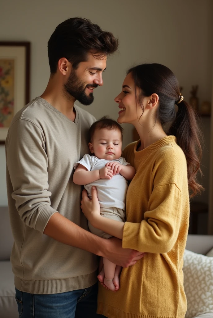 6-month-old baby in the arms of his father with his mother at his side in a rural estate that is all set in the 60s , make poverty visible at the same time 