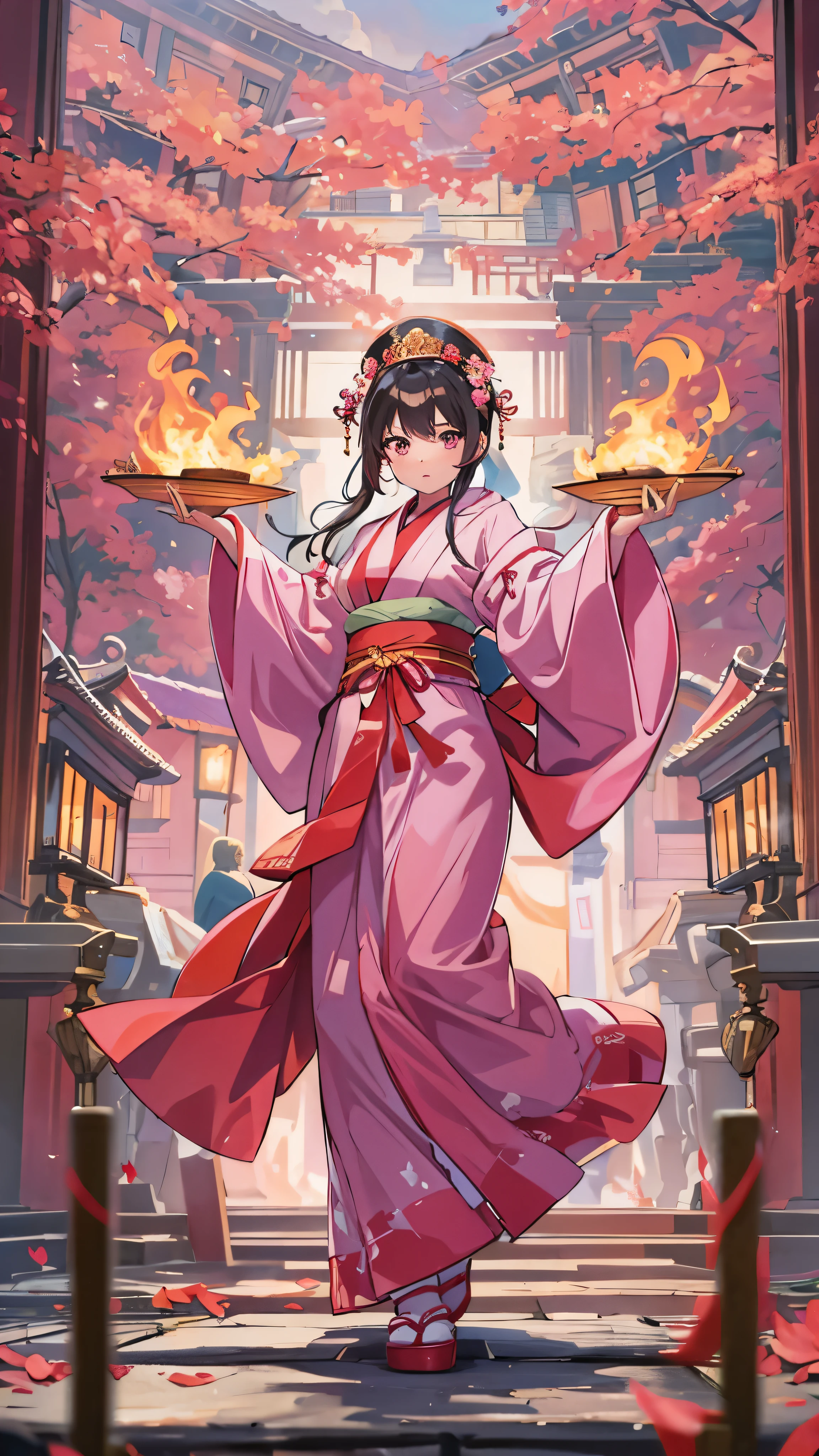  in high-definition images，high frequency: 1.8, Rich details, masterpiece, 8k,  A beautiful shrine maiden wearing a pink shirt is standing in front of the flames, Dancing, Fans waving, Priestesses ,   burning ,  