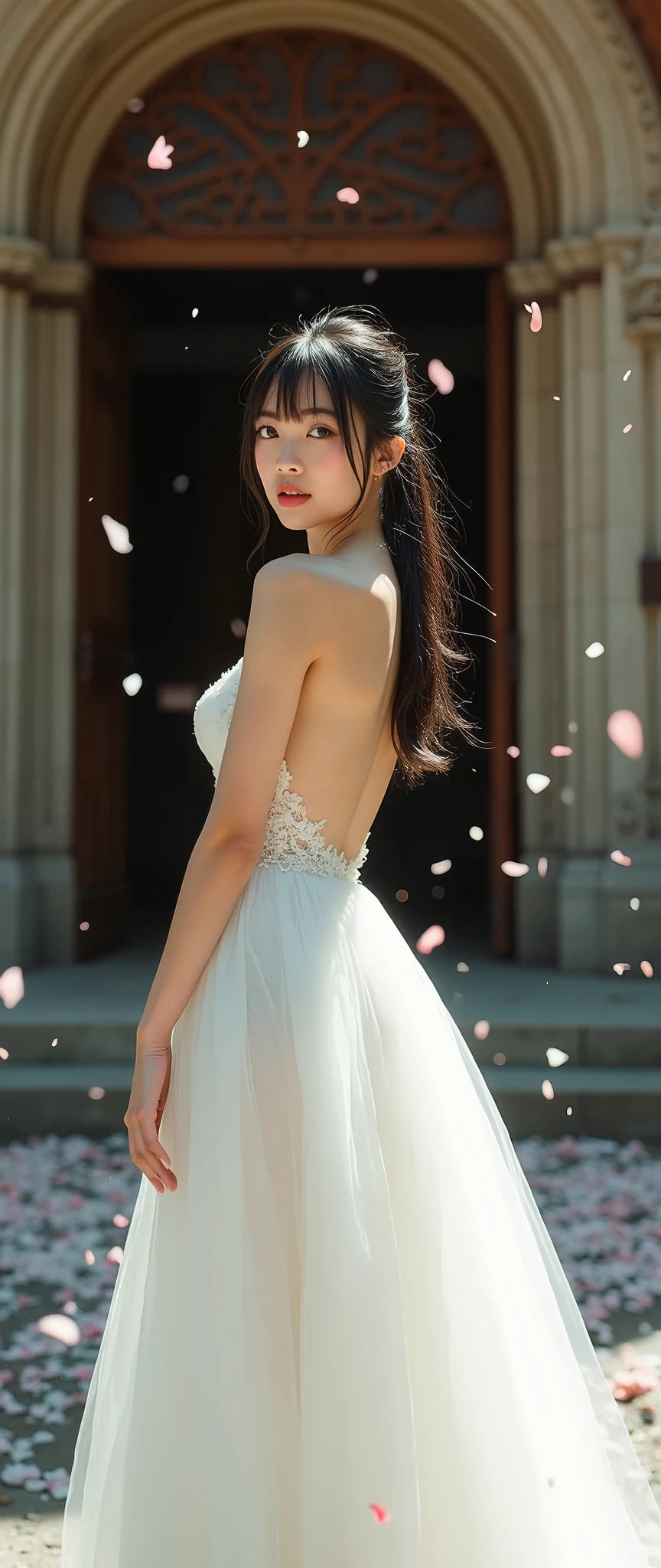 (masterpiece:1.2, high image quality,Mirror finish, cinematic experience, realistic , RAW photo),8k,16k,wallpaper, movie lighting,(depth of field ),( sophisticated lighting :1.2),( Wedding Style:2.0),( Backless Dress),( white prom dress with open back:2.0),(woman:2.0),(An elegant dress with an open back :2.0), portrait photo , Japanese women,( detailed skin texture showing the cathedral:1.3),( Glowing Skin :1.3),delicate face,( beautiful legs with tails:1.6),( black hair),( ponytail),(Turn around:2.0),(whole body:2.0),( stares at the camera),( Beautiful female hands :2.0),( super huge breasts :2.0),( super sexy :2.0),(super sexy makeup:2.0),( dynamic pose:2.0),(Outside the church:2.0),(Countless petals of blessings dance:2.0),(Beautiful Bride:2.0)