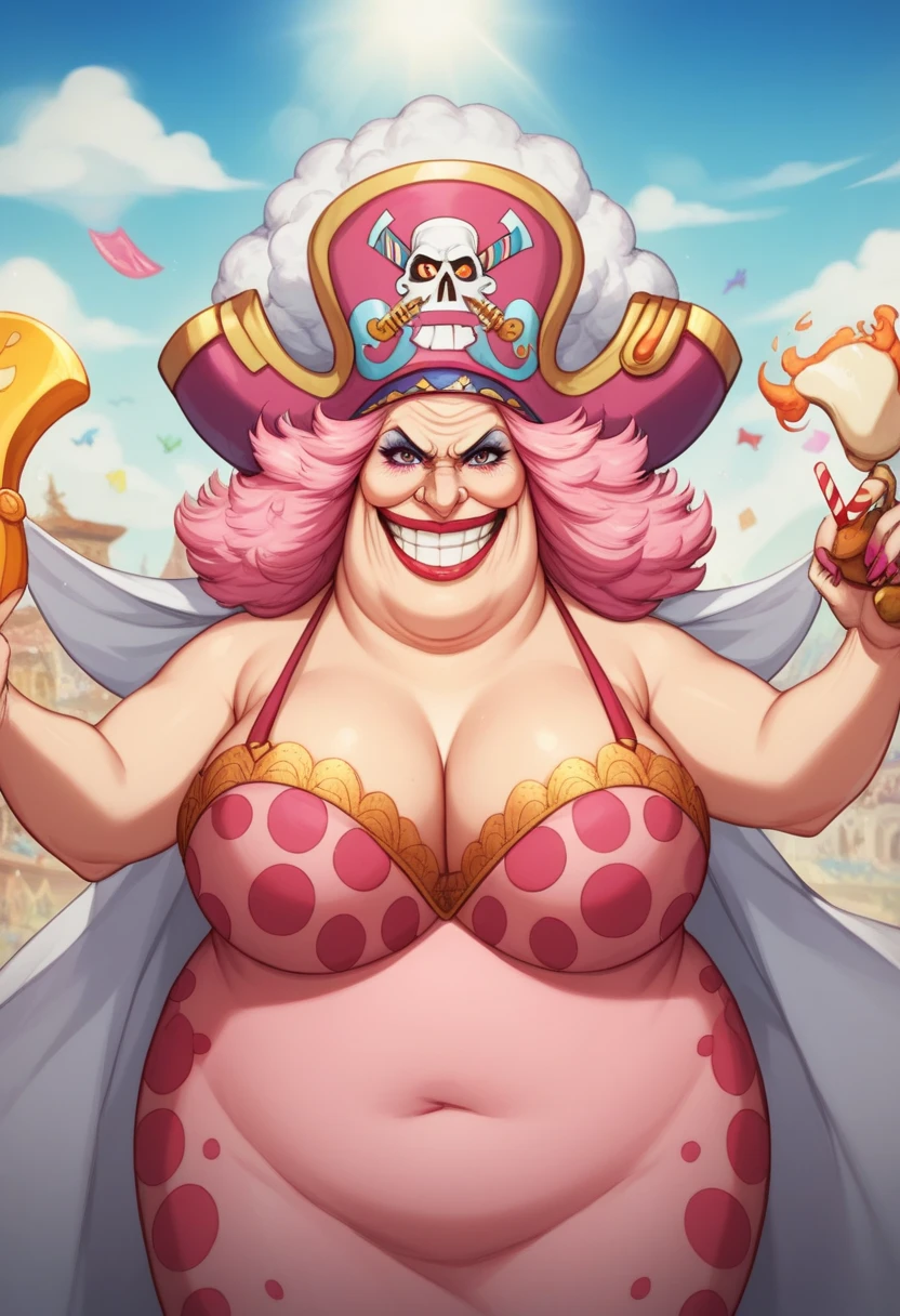 Create an image of a towering and powerful pirate queen with an aura of dominance and chaos. She has wild, flowing pastel-colored pink hair and a wide, menacing grin. Her outfit is flamboyant, featuring a vibrant dress with candy-themed patterns and gold accessories. Her presence is intimidating yet regal, with a massive pirate hat decorated with skull motifs and sweets. The setting is a fantastical candy-themed island under a stormy sky, with giant desserts and swirling clouds in the background. Her expression combines playful mischief with raw authority, and she holds a massive, enchanted sword crackling with energy. Big Mom of One Piece, fat woman, old woman