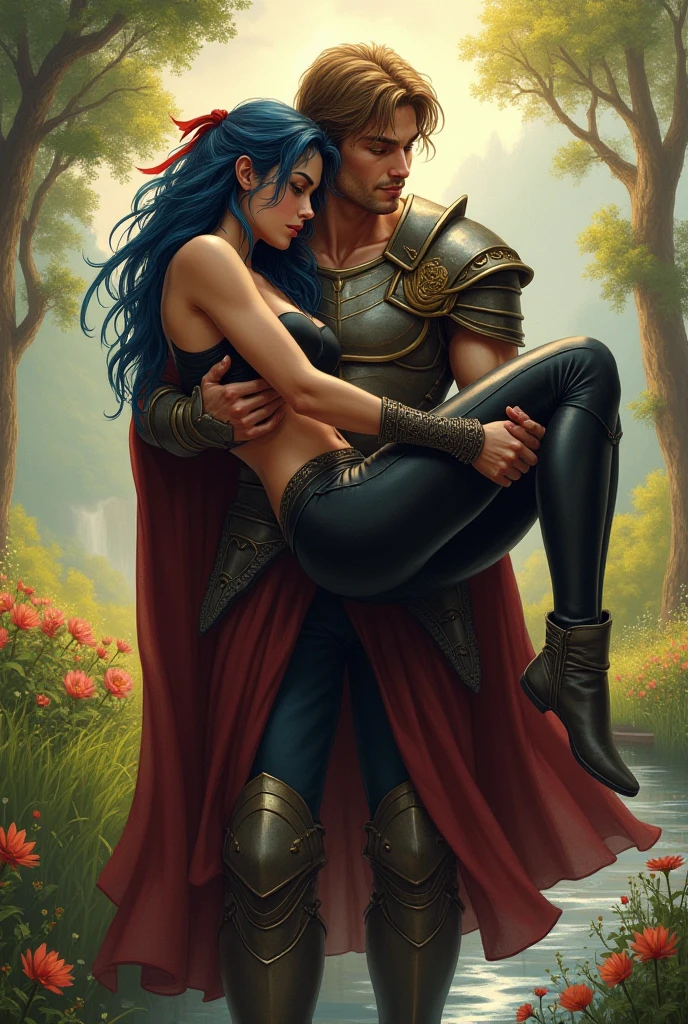 Create an epic sexual fantasy scene with a brave warrior fucking a voluptuous woman in a mountainous landscape at sunset.