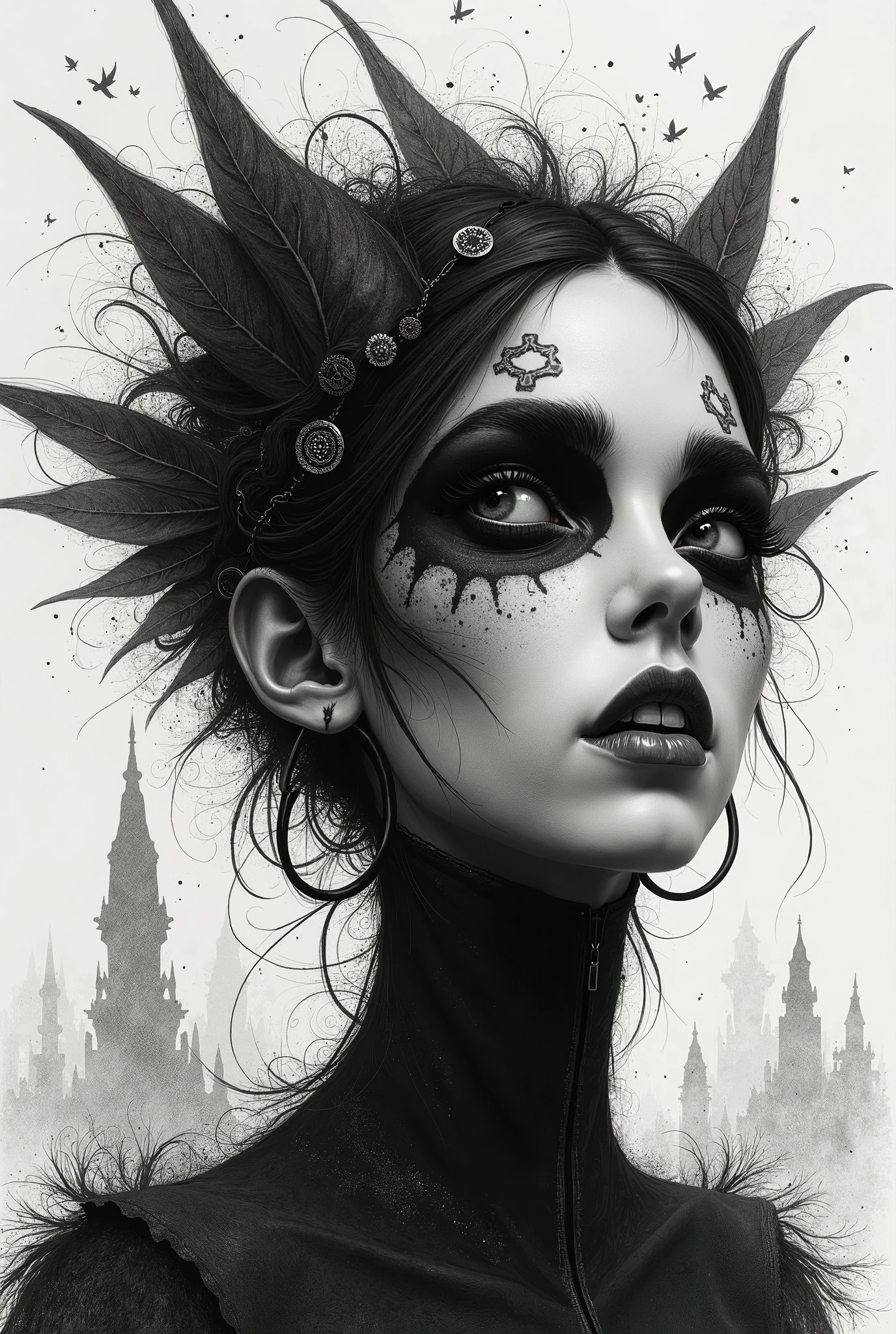 Niobium ((angry fairies)),ominous fairy's land,ominous places,pretty face,threatening landscape,Iryna Yermolova,Nicola Samori,alexey egorov,alina ivanchenko,steampunk,cheyenne, High contrast, minimalistic, colored black and grungy white, dramatic, graphic novel illustration, cross hatching, seminole war, traditional outfits, landfields, intricate details,ink photorealism ,intricate detailed, extremely intricate, Tim burton
