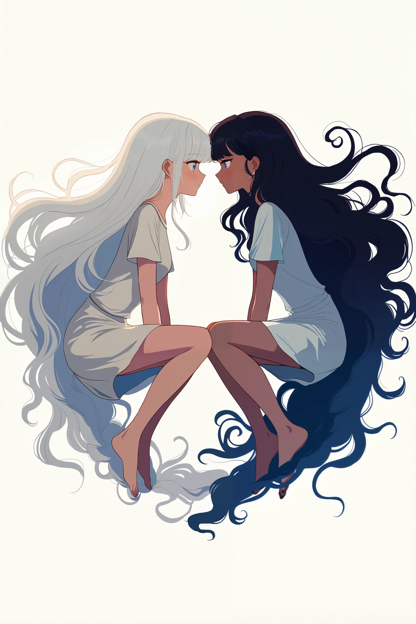 "Two girls sitting sideways in mid-air, creating an illusion of forming a yin and yang symbol. One girl has long straight white hair, and the other has curly black hair. Their postures are gracefully balanced, with their bodies facing invert to each other, creating the illusion of a harmonious circular shape in the middle. The illustration is made in Adobe Illustrator, featuring vector surrealism with intricate and detailed designs. The art style combines anime and comic influences, with smooth line work and vibrant color contrasts, especially between the white and black hair, flowing dynamically around them. The background is minimalist, highlighting the surreal, floating nature of the scene. The overall composition is highly detailed and elegant, blending fantasy with modern vector art techniques."