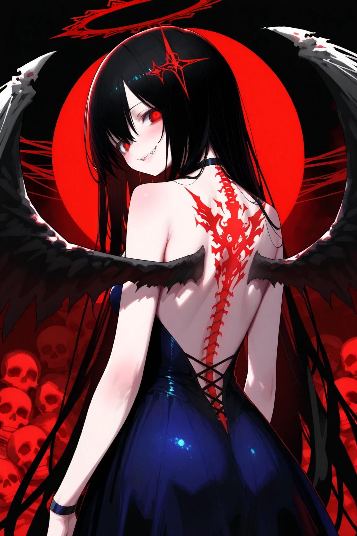 1girl,dark angel,Circle of Fallen Angels,black hair,very long hair,red eyes,fang,dark Angel Wings,evil grin,yandere,BREAK standing,backwards,back focus,Gorgeous dresses with open backs,gorgeous dresses,BREAK (Glowing tattoo,tattoo on the back,skeleton tattoo),ominous mood,dark Geometric background
