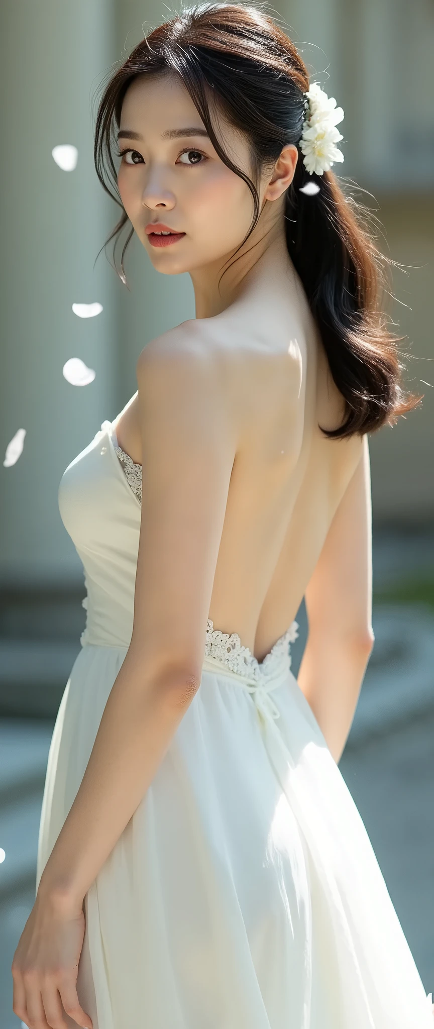 (masterpiece:1.2, high image quality,Mirror finish, cinematic experience, realistic , RAW photo),8k,16k,wallpaper, movie lighting,(depth of field ),( sophisticated lighting :1.2),( Wedding Style:2.0),( Backless Dress),( white prom dress with open back:2.0),(woman:2.0),(An elegant dress with an open back :2.0), portrait photo , Japanese women,( detailed skin texture showing the cathedral:1.3),( Glowing Skin :1.3),delicate face,( beautiful legs with tails:1.6),( black hair),( ponytail),(Turn around:2.0),(whole body:2.0),( stares at the camera),( Beautiful female hands :2.0),( super huge breasts :2.0),( super sexy :2.0),(super sexy makeup:2.0),( dynamic pose:2.0),(Outside the church:2.0),(Countless petals of blessings dance:2.0),(Beautiful Bride:2.0),( best smile :2.0),(Countless petals dancing in the air:2.0)