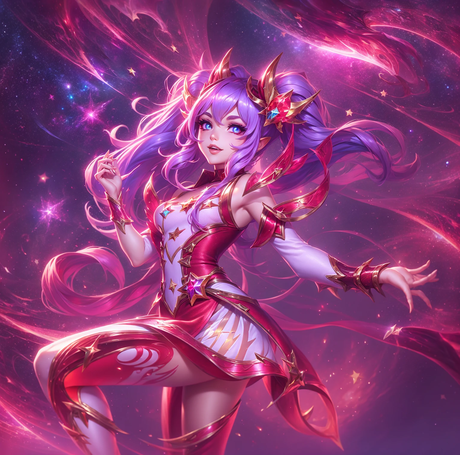 Anime girl with a sword and hat on her head, League of Legends character, seraphine ahri kda, star guardians, from league of legends, samira from league of legends, ahri, miss fortune league of legends, style league of legends, league of legends character art, kda, star guardian inspired, fuchsia skin, Katarina