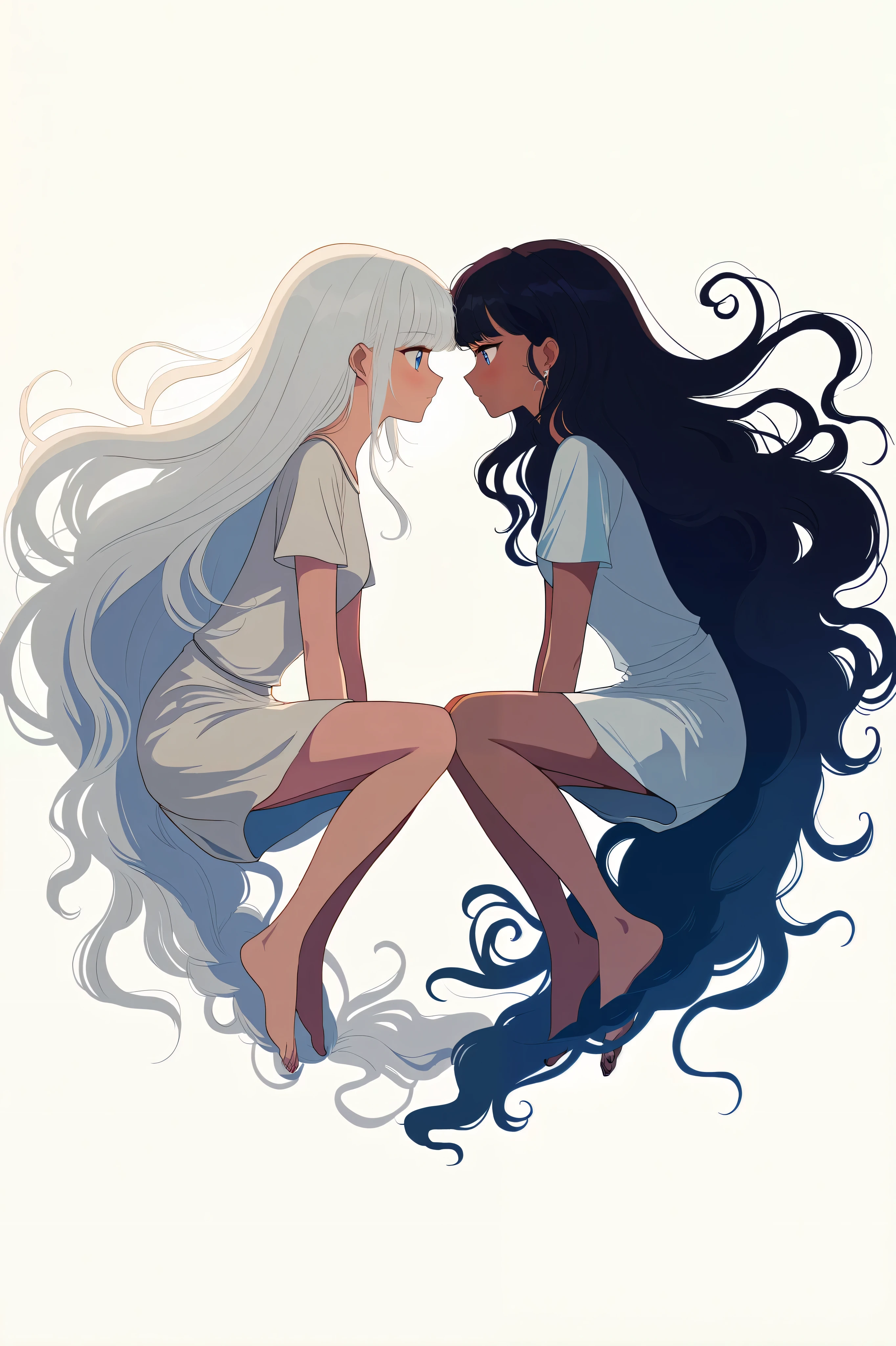 "Two girls sitting sideways in mid-air, creating an illusion of forming a yin and yang symbol. One girl has long straight white hair, and the other has curly black hair. Their postures are gracefully balanced, with their bodies facing invert to each other, creating the illusion of a harmonious circular shape in the middle. The illustration is made in Adobe Illustrator, featuring vector surrealism with intricate and detailed designs. The art style combines anime and comic influences, with smooth line work and vibrant color contrasts, especially between the white and black hair, flowing dynamically around them. The background is minimalist, highlighting the surreal, floating nature of the scene. The overall composition is highly detailed and elegant, blending fantasy with modern vector art techniques."