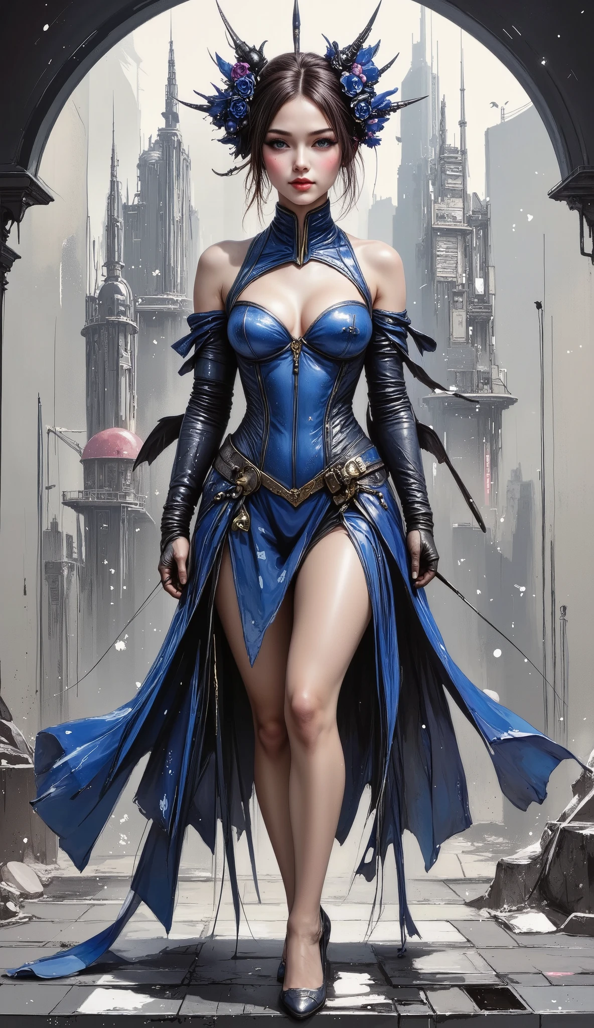 plano general, Full body , Anatómicamente correcto, Ghost in the Shell Vol .2 - Assassin Geisha's blue and black shading , by Luis Duarte , Luis Duarte style , shaded blue and black , Neo-Tokyo style , Element Air , Punk Myth , , Sci-Fi art, Dark Influence , NijiExpress 3D v3 , kinetic art, Data Detection , oil painting , Ink v3, speckled style , card game abstract art, abstract technology , Elements of Cyber Technology, futuristic, Illustrated v3 , Deco Influence , airbrush style, drawing