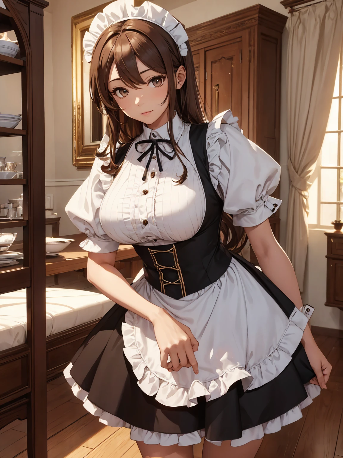 (Wiz), 1woman, as a maid, wearing a maid outfit, at a home, light brown hair, 8k, high detailed, high quality