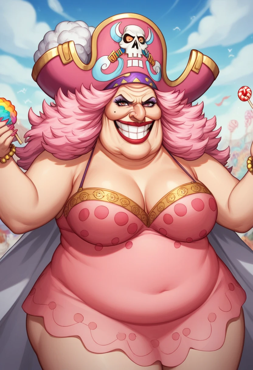 Create an image of a towering and powerful pirate queen with an aura of dominance and chaos. She has wild, flowing pastel-colored pink hair and a wide, menacing grin. Her outfit is flamboyant, featuring a vibrant dress with candy-themed patterns and gold accessories. Her presence is intimidating yet regal, with a massive pirate hat decorated with skull motifs and sweets. The setting is a fantastical candy-themed island under a stormy sky, with giant desserts and swirling clouds in the background. Her expression combines playful mischief with raw authority, and she holds a massive, enchanted sword crackling with energy. Big Mom of One Piece, fat woman, old woman, large nose