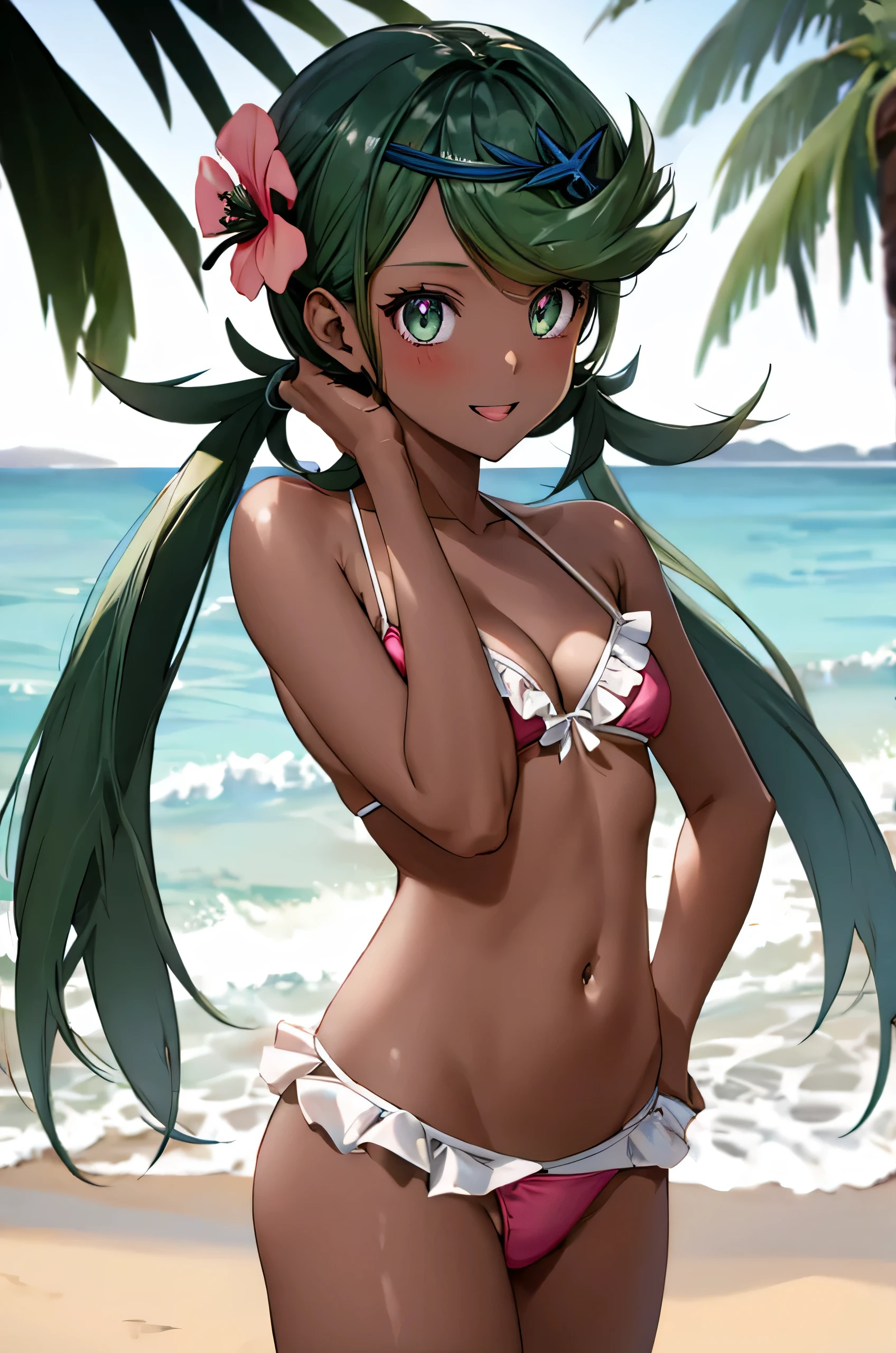 (masterpiece), (best quality), Mallow, two ponytail hair, green hair, hair flower, hair ornament, almost transparent bikini, transparent bikini, medium breasts, floor session, dark skin, beach, very sweaty, bikini white