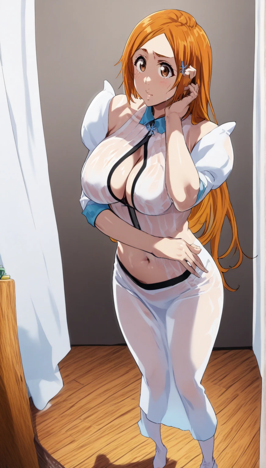 Orihime,  orihime inoue, 1girl, orange hair, brown eyes long hair, hair down, white hairband, best quality, masterpiece, ultra-detailed, high quality, 1girl, mature female, beautiful, beautiful and perfect face, smile, open mouth, looking at viewer, naked towel, wet body, large breasts, bare shoulder, cleavage, sweating, large ass, curvy body, POV, close shot, from the front, standing, full body, in home, open the door, leaning forward