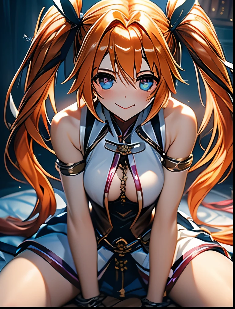 （（（ＳＦＷ、Precision、Highest quality、A first-class masterpiece、Normal body、8k、  Detailed Face 、Ultra-precision、 Normal hand、５refer to、Highest）））、"Magical Girl Lyrical Nanoh"、Tiana Lanster、Orange Hair、 twin tails、、 slender、Big Breasts、defeat、 Tattered Bras Exposed、 nipples seem to be visible during the TikTok live、 ripped white jacket 、Ripped Panties Exposed 、Half naked、Half breast exposed、 in underwear、fall down、 raise your hands and chain bondage、First Chain Tight、Open Legs Embarrassing Pose 、happy, embarrassed, blushing、They have been brainwashed and prodigal、 hypnotic state 、Heart Eyes、A heart pattern floats in my eyes、 Heart Shaped Pupils 、My eyes sparkle mysteriously in a heart pattern、Mouth Opening、 stick out your tongue、 aheface、 Pleasure Fall 、 sex slave 、dark ghost town、front