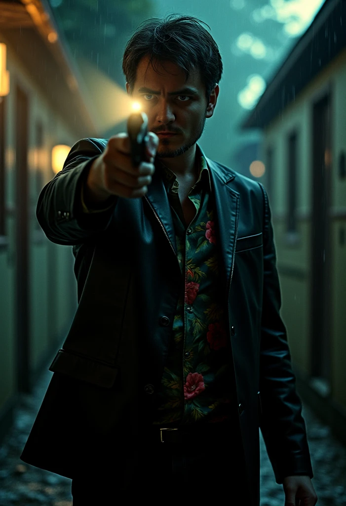 a man in a dark room, suited figure whit beretta gun, film noir style, Hawaiian shirt, leather black jacket, flasjlight to the camera, dramatic lighting, high contrast, moody atmosphere, cinematic composition, chiaroscuro, gritty texture, strong shadows, dramatic pose, focused expression, 1940s style, hints of color, atmospheric environment, rainy night setting, desaturated palette, deep shadows, hard edge lighting, dramatic silhouette, cinematic depth of field, photorealistic, masterpiece, 8k, watch to the camera, Max Payne, lilamaddyson