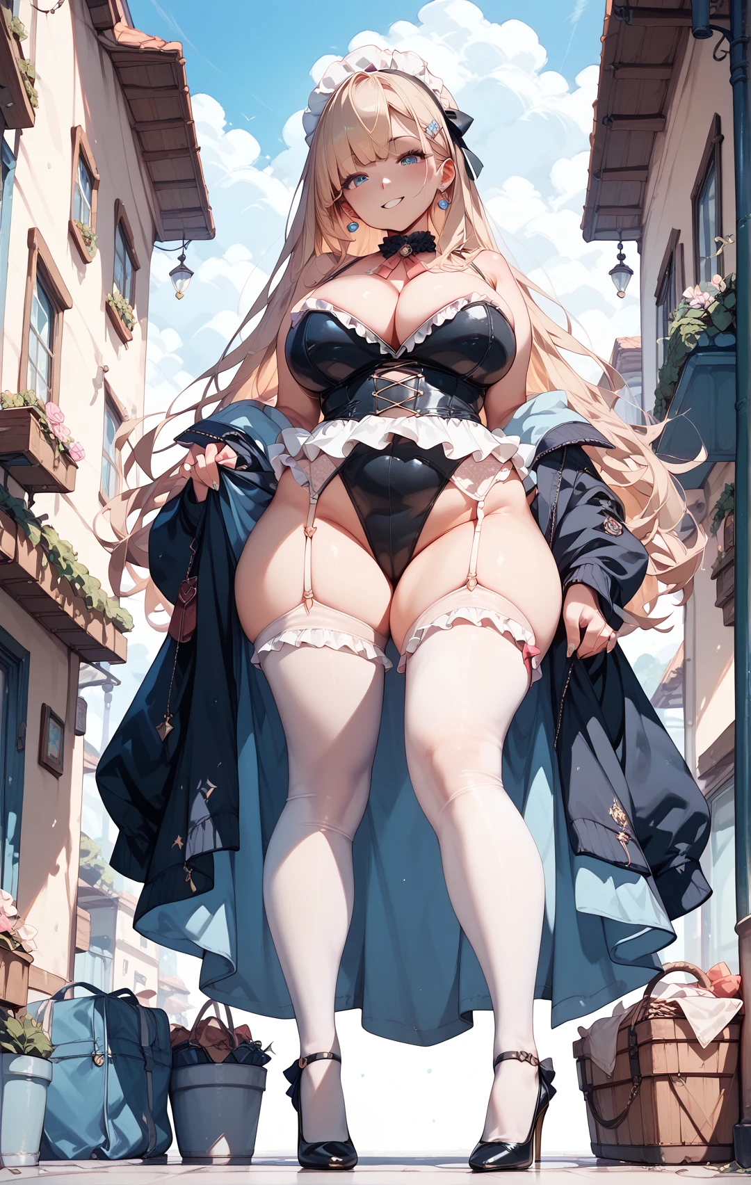   black frill leotards　　 Frilly leotards　 leotards　black colored pants  , Super long hair,  Big Breasts , White tights　 Garter Belt　 high heels　 Around Town Plump Thighs