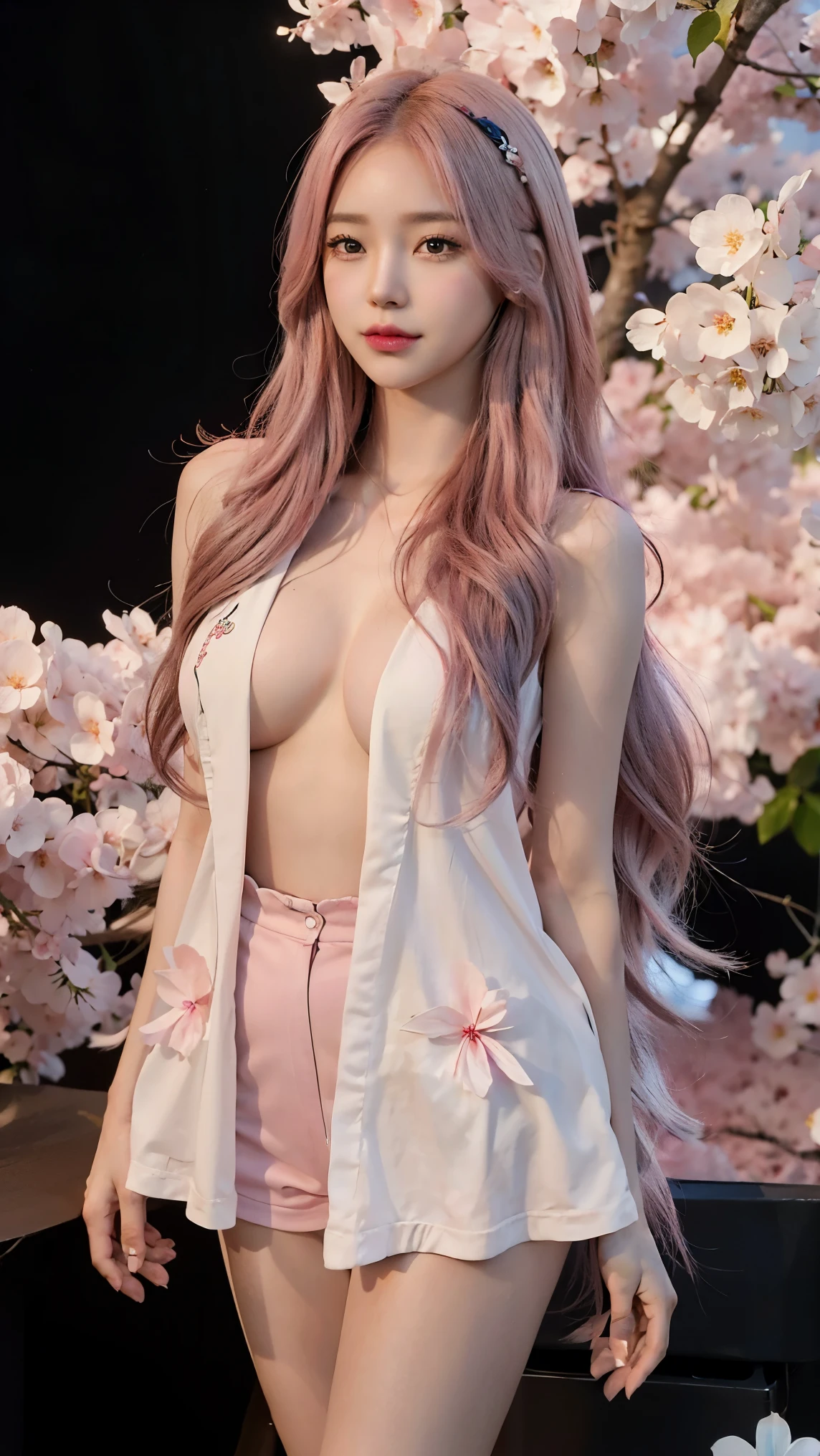 fluffy hair,long floating hair,(super long hair),shiny pink hair,shiny hair,1 girl,alone,long hair,blue eyes,(pink hair),pink hair,looking at the audience,smiling,make-up face prints,purple hair,colored hair,thighs,outdoors,full body ((masterpiece)),(((best quality))),((ultra-detailed)),((illustration)),A lot of waving glow sticks,Stage,Concert,(solo),1 girl,((singing)),headset,(leaning_forward:1.2),(arms_behind_back),((extremely_detailed_eyes_and_face)),colorful,Tokyo Dome,ray tracing,(disheveled hair),cherry_blossoms,petals,Flying notes,