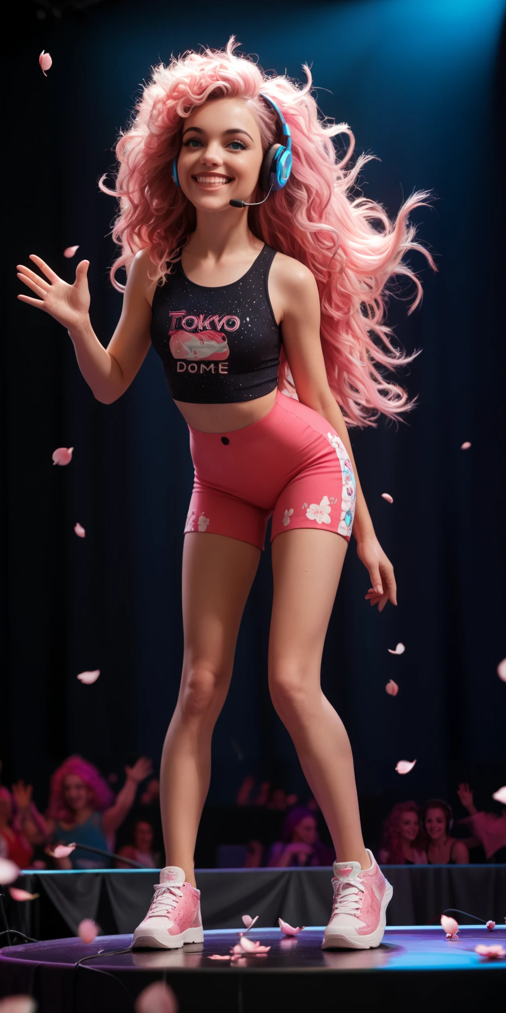 fluffy hair,long floating hair,(super long hair),shiny pink hair,shiny hair,1 girl,alone,long hair,blue eyes,(pink hair),pink hair,looking at the audience,smiling,make-up face prints,purple hair,colored hair,thighs,outdoors,full body ((masterpiece)),(((best quality))),((ultra-detailed)),((illustration)),A lot of waving glow sticks,Stage,Concert,(solo),1 girl,((singing)),headset,(leaning_forward:1.2),(arms_behind_back),((extremely_detailed_eyes_and_face)),colorful,Tokyo Dome,ray tracing,(disheveled hair),cherry_blossoms,petals,Flying notes,