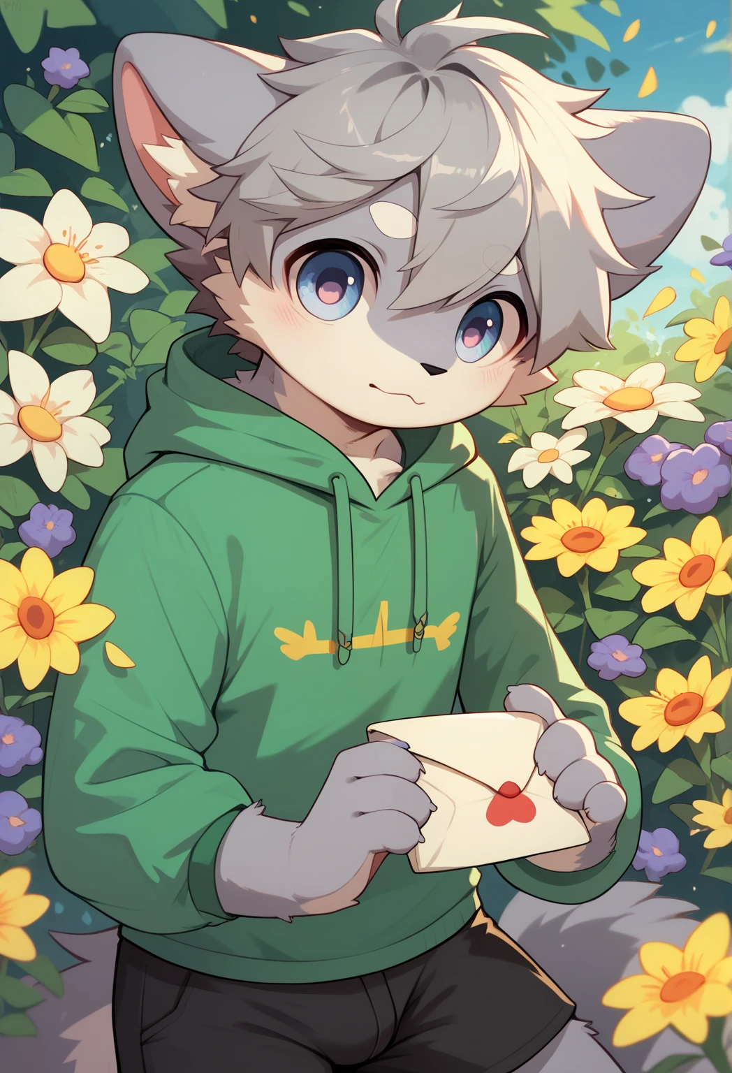 ( gray hair,)   very detailed,   super high res,With flowers, shy ,Deliver the letter,  boys,  fluffy fur   ,participate,  cute face,  rucksack,No friends,   shorts,   Green Hoodie   ,