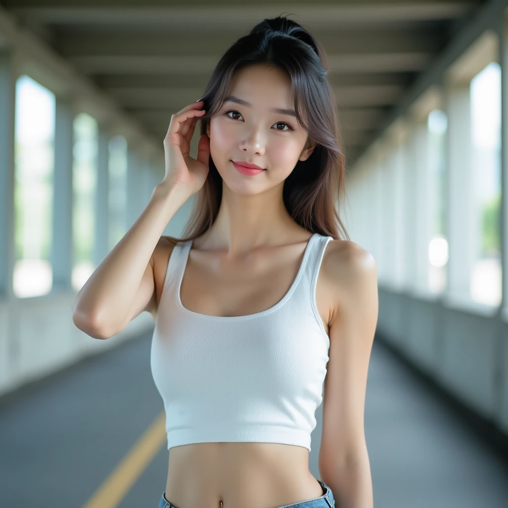 Beautiful girl, beautiful figure, big breasts, white tank top, Nobra,long blue jeans, nipple visible,background is a durian shop, Hands up fixing hair.