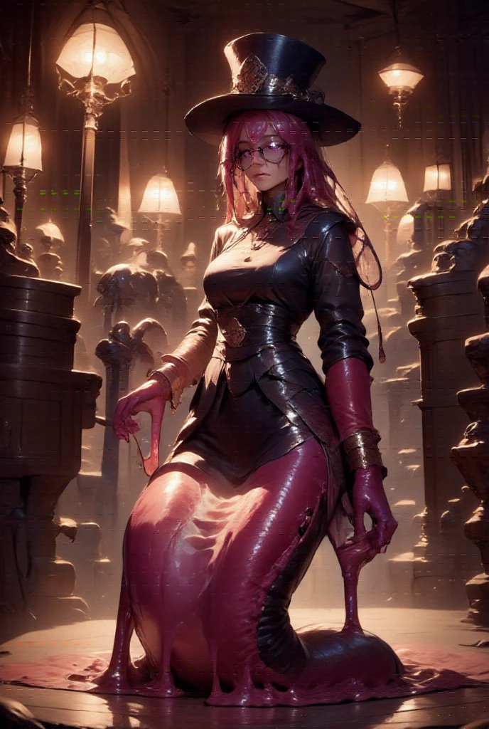 In a dimly lit, mahogany-paneled gentlemen's club, a striking Lamia-Slime Girl sits elegantly, her slender figure encased in a fitted waistcoat and adorned with a stylish top hat. Her eyes peer out from behind gleaming spectacles, exuding an air of sophistication and mystery. Her snake body and tail extend back through the club.