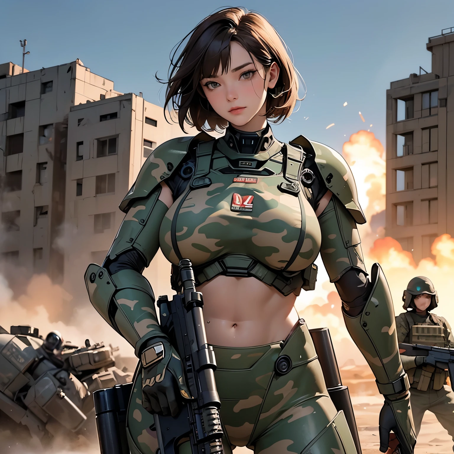 Sexy women in uniform wander around the war zone, contrasting with high-intensity light and shadow, one (surrealism), and the photos taken are more effective. The theme highlights the difficult situation of women in uniform, showing high-resolution (high-definition) textured skin, presenting a new visual experience.