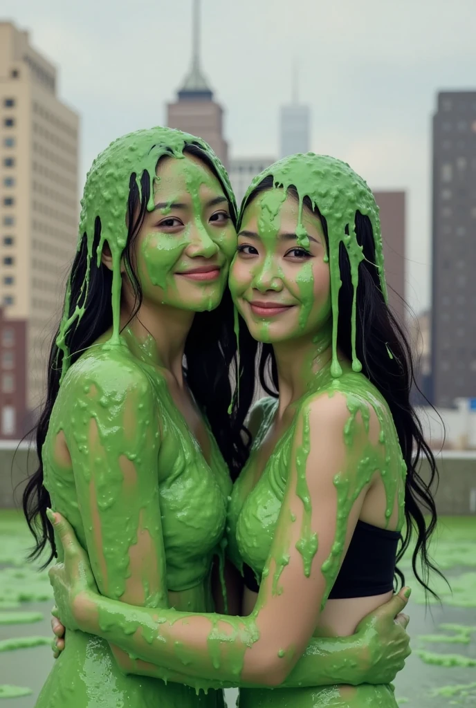 DSLR photograph. 2 women covered in green water. 40 years old Beautiful Chinese mother. 18 year old Chinese daughter. Photorealistic. Nasty slime. Raw photo. New York City background. Green Slime. (Asian: 1.1). Beautiful Asian face. Wearing black push-up bra. green water. Black hair.