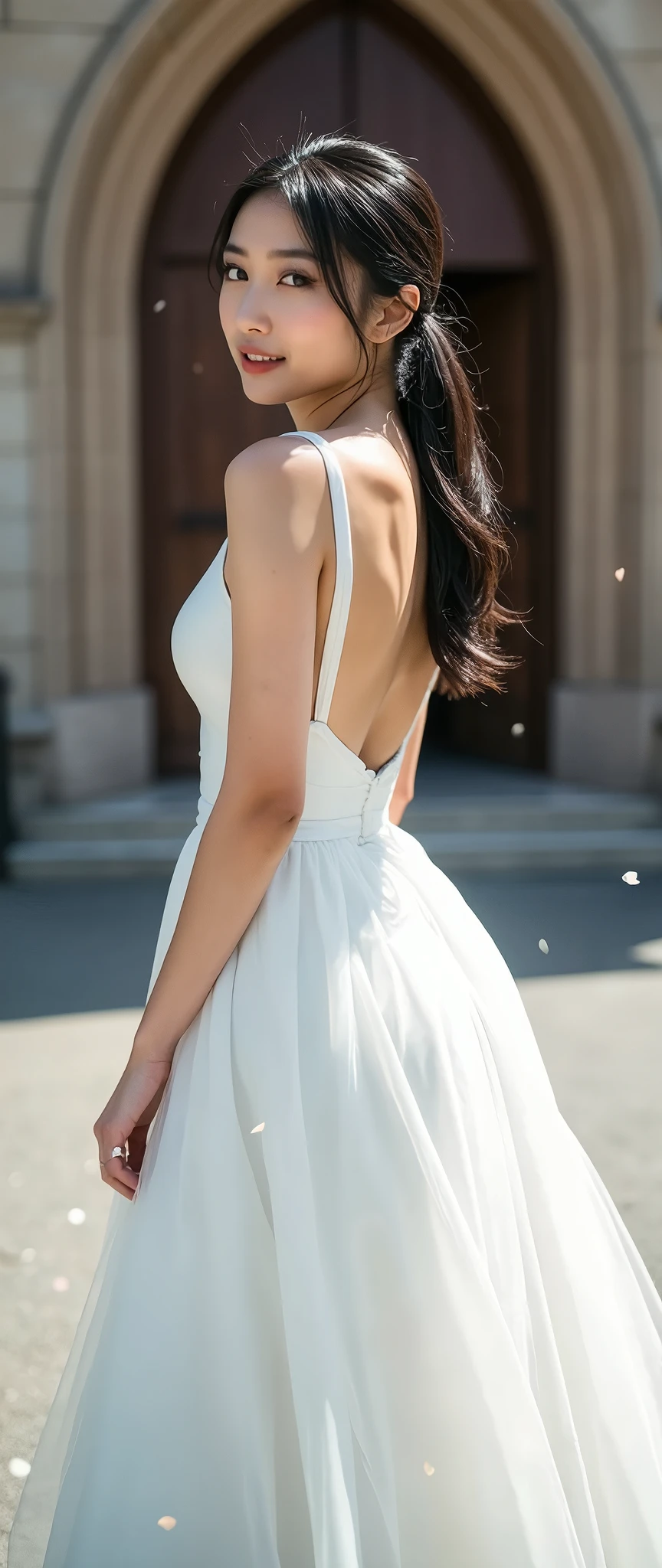 (masterpiece:1.2, high image quality,Mirror finish, cinematic experience, realistic , RAW photo),8k,16k,wallpaper, movie lighting,(depth of field ),( sophisticated lighting :1.2),( Wedding Style:2.0),( Backless Dress),( white prom dress with open back:2.0),(woman:2.0),(An elegant dress with an open back :2.0), portrait photo , Japanese women,( detailed skin texture showing the cathedral:1.3),( Glowing Skin :1.3),delicate face,( beautiful legs with tails:1.6),( black hair),( ponytail),(Turn around:2.0),(whole body:2.0),( stares at the camera),( Beautiful female hands :2.0),( super huge breasts :2.0),( super sexy :2.0),(super sexy makeup:2.0),( dynamic pose:2.0),(Outside the church:2.0),(Countless petals of blessings dance:2.0),(Beautiful Bride:2.0),( best smile :2.0),(Countless petals dancing in the air:2.0)