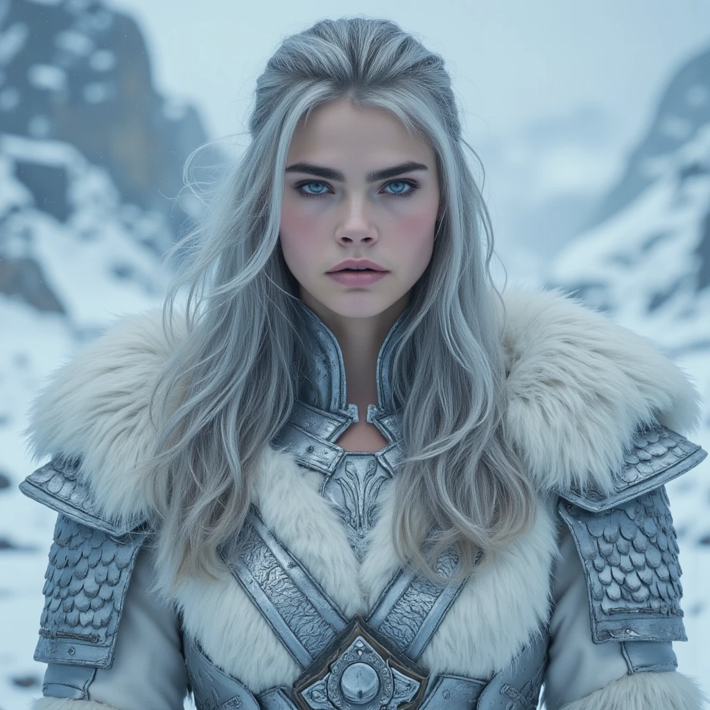 Realistic Photo of young female warrior, wearing steel scale and lamellar, white wolf fur coar, blue eyes, silver grey hair, long hair, beautiful, cocky smirk, snowy background