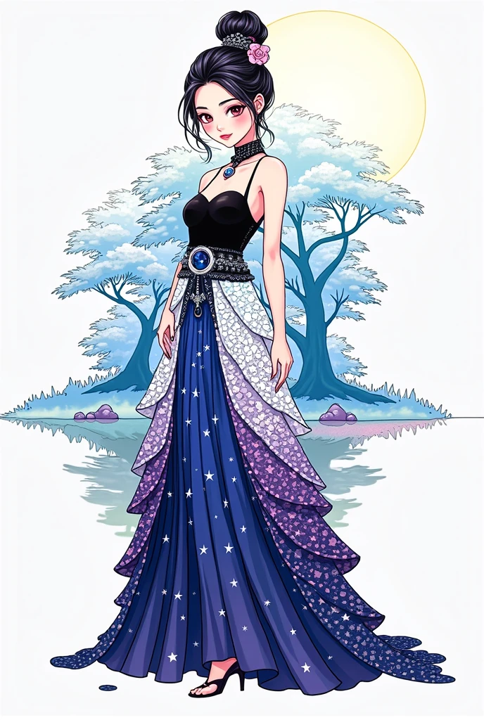  1 Woman , beautiful and cute face , whole body,  creative East Asian character design, Luxurious Layered Sequin Skirt , Color Grade, background, Night Sky,  starry sky , Large tree, Grass Square,  moonlight,  high image quality, masterpiece,  Manga Art , 