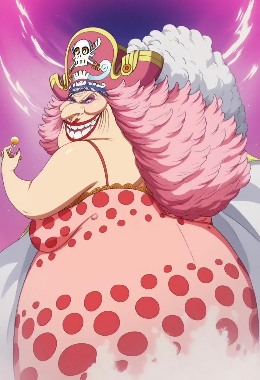 Create an image of a towering and powerful pirate queen with an aura of dominance and chaos. She has wild, flowing pastel-colored pink hair and a wide, menacing grin. Her outfit is flamboyant, featuring a vibrant dress with candy-themed patterns and gold accessories. Her presence is intimidating yet regal, with a massive pirate hat decorated with skull motifs and sweets. The setting is a fantastical candy-themed island under a stormy sky, with giant desserts and swirling clouds in the background. Her expression combines playful mischief with raw authority, and she holds a massive, enchanted sword crackling with energy. Big Mom of One Piece, fat woman, old woman, large nose, backwards, looking back