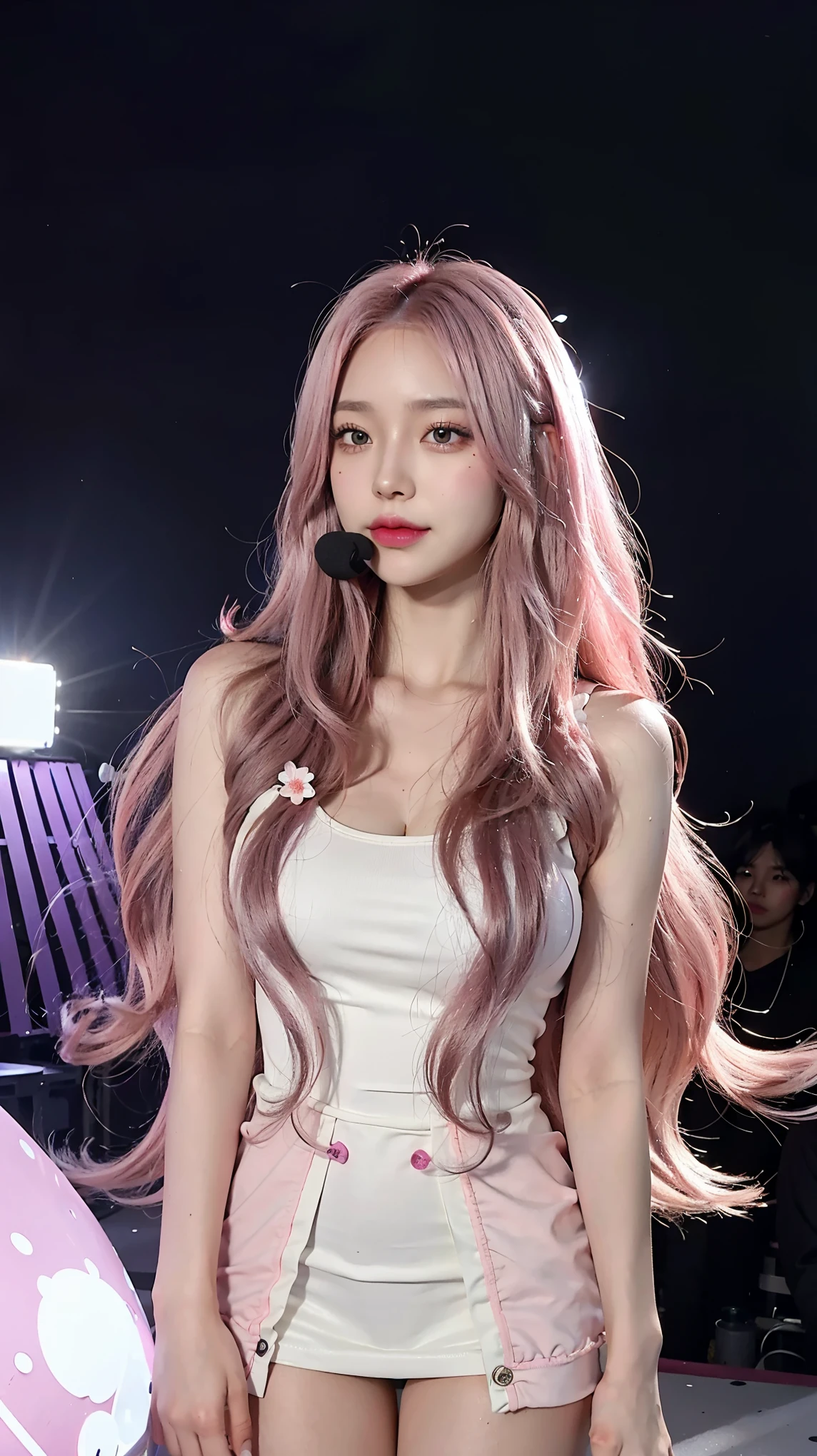 fluffy hair,long floating hair,(super long hair),shiny pink hair,shiny hair,1 girl,alone,long hair,blue eyes,(pink hair),pink hair,looking at the audience,smiling,make-up face prints,purple hair,colored hair,thighs,outdoors,full body ((masterpiece)),(((best quality))),((ultra-detailed)),((illustration)),A lot of waving glow sticks,Stage,Concert,(solo),1 girl,((singing)),headset,(leaning_forward:1.2),(arms_behind_back),((extremely_detailed_eyes_and_face)),colorful,Tokyo Dome,ray tracing,(disheveled hair),cherry_blossoms,petals,Flying notes,
