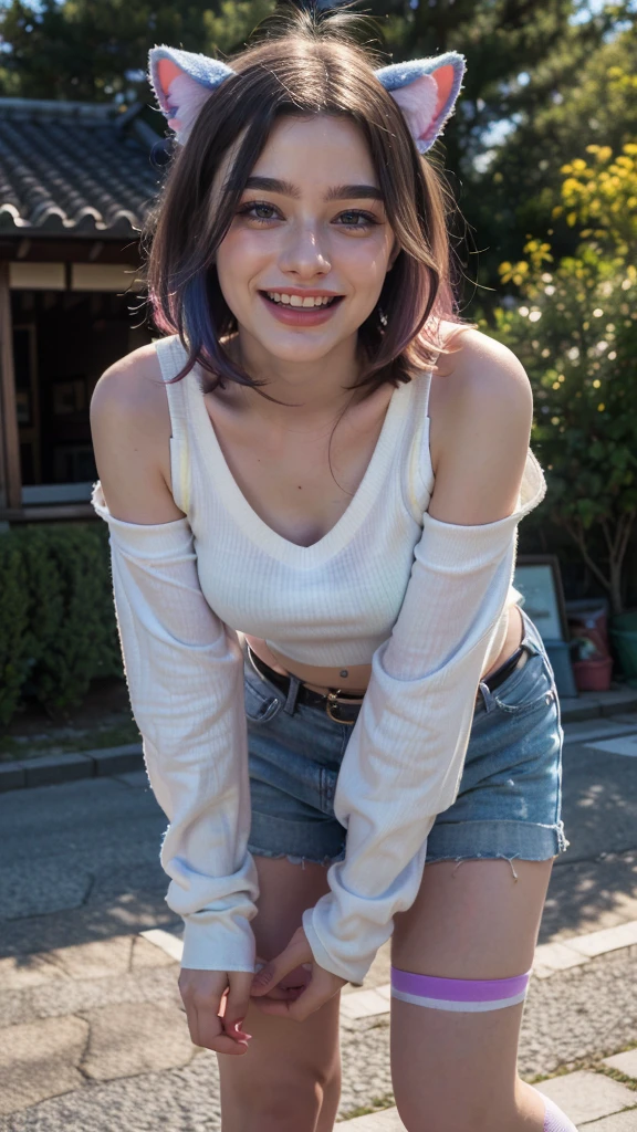 (masterpiece, Highest quality:1.3), (Super detailed:1.2), (hyperRealistic:1.3), (RAW Photos:1.2),High-definition RAW color photos, Professional photos, (PhotoRealistic:1.4), (Realistic:1.4), ,Professional Lighting, (Japanese), Beautiful Face, (Realistic face), Cute Woman, (Brown Hair, Big Breasts, (The underboob is visible:1.3):1.2), (Bright smile:1.35), Trending Hair&Trending Hairカラーをランダムに, Sexy, erotic Sexy, (((Red checked mini skirt、White knit、Cafe terrace。Beautiful woman smiling, looking up at the camera。:1.4), beautiful place, (Detailed Background))