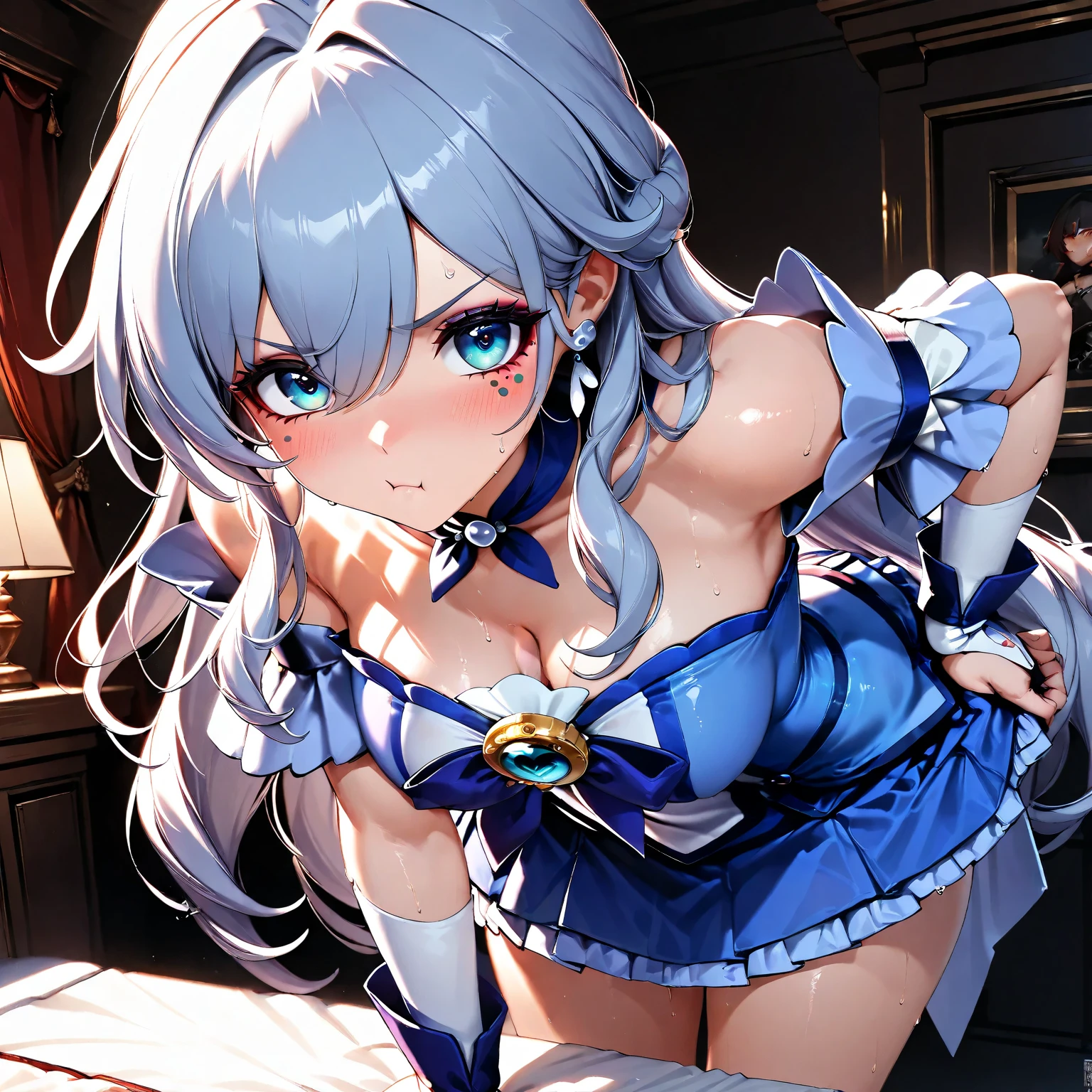 Highly detailed and realistic CG, Colorful, game cg, Best Quality, magnificent, jewel-like eyes, 1girl, solo, gray hair, long hair, twintails, hair over one eye, lolita fashion, gothic dress, frill, long sleeves, (Blue rose headdress:1.2), blue clothes, sagging breasts, (mole on chest:1.1), jewel, crazy smile, evil smile, (blush:1.1), open mouth, baby face, round face, powder lights, portrait, (amber eyes:1.3), hand on chest, from front, looking at viewer,