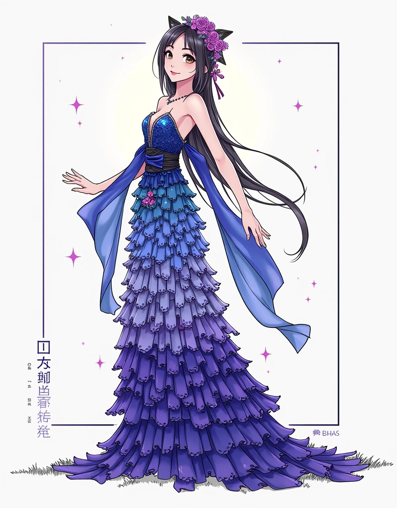  1 Woman , beautiful and cute face , whole body,  creative East Asian character design, Luxurious Layered Sequin Skirt , Color Grade, background, Night Sky,  starry sky , Large tree, Grass Square,  moonlight,  high image quality, masterpiece,  Manga Art , 